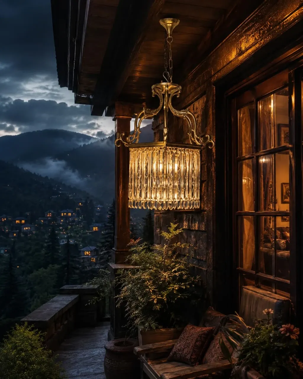 Luxury antique gold crystal chandelier with ornate metal frame and sparkling crystal accents, hanging on an elegant mountain villa balcony at dusk.